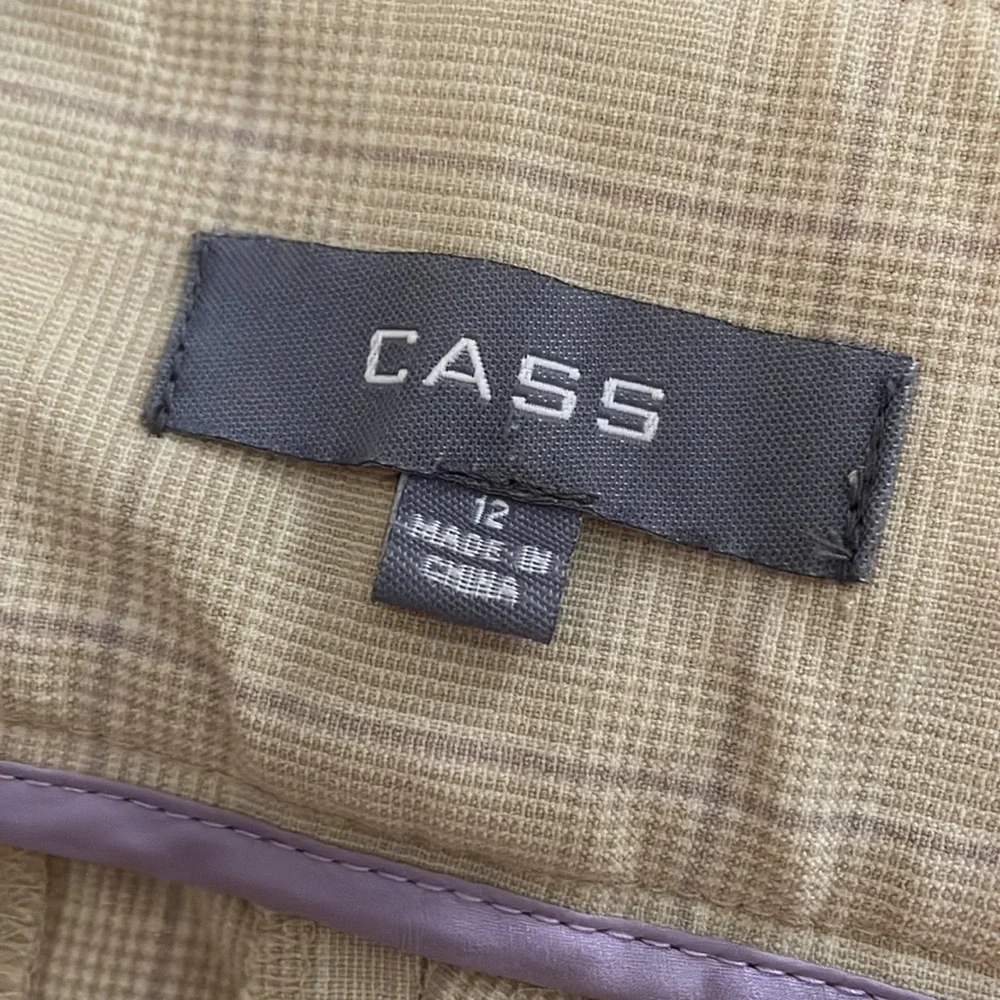Cass women’s luxury rayon poly stretch cream muted plaid slacks trousers zip 12